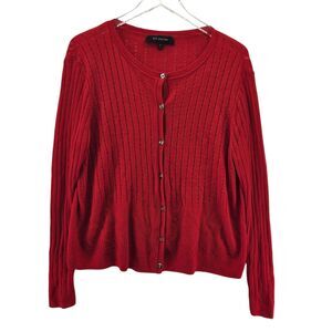 St John Cardigan‎ Sweater Womens XL Red Wool Blend Mixed Knit Designer Luxury
